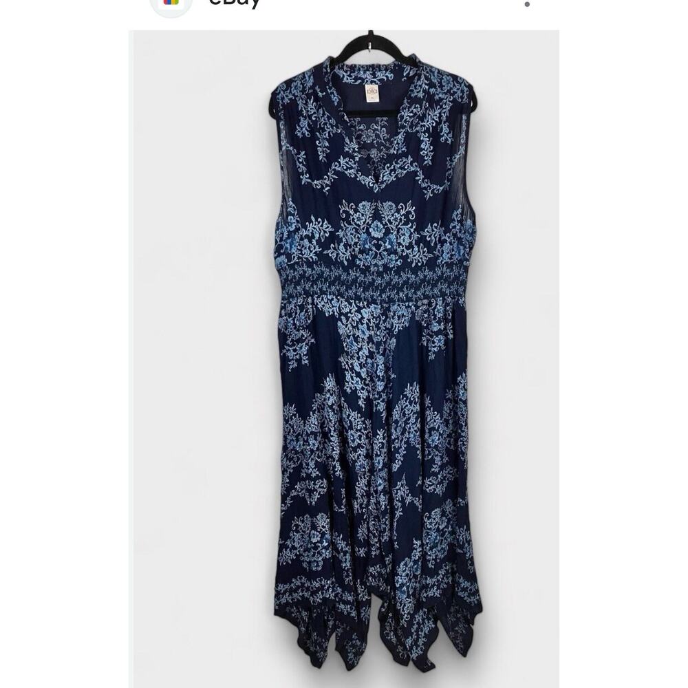 Billa XXL Navy Blue Dress All Over Floral Print Handkerchief Hem Empire Waist